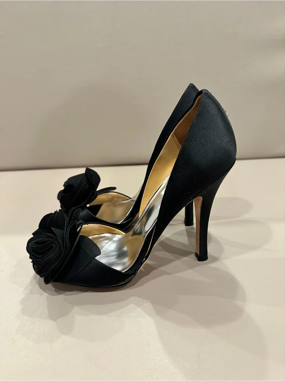 Badgley Mischka Black Satin Peep-Toe Pumps with Flower Accent - Picture 3 of 8